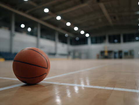 A single worn basketball resting on a clean hardwood court, positioned slightly off-center under a moody overhead spotlight