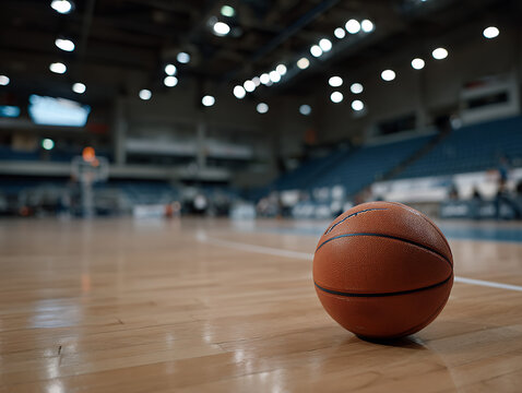 A single worn basketball resting on a clean hardwood court, positioned slightly off-center under a moody overhead spotlight
