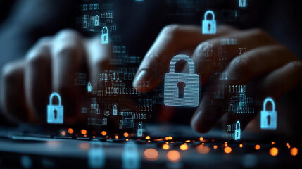 A businessman is typing on the keyboard, and his fingers touch padlock icons floating in front of him, symbolizing data security or cyber attack.