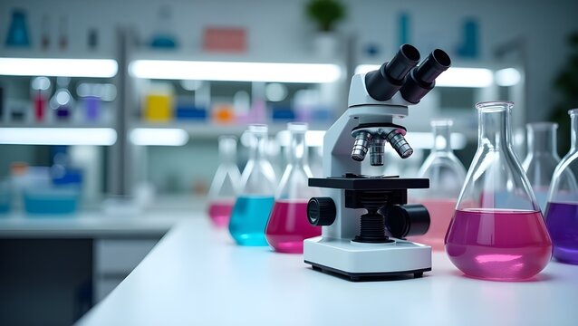 Microscope and Colorful Chemical Flasks in Laboratory - Powered by Adobe