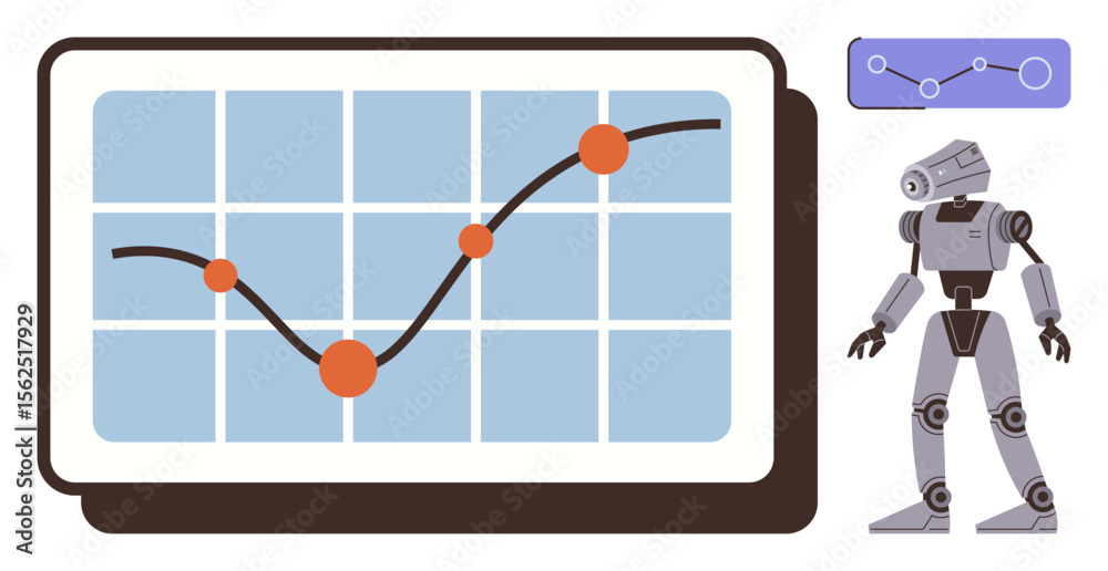 Poster robot stands by chart illustrating upward trajectory of data points on a grid. ideal for technology,