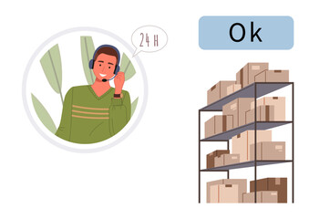 Customer support representative attends call with headset and speech bubble. Storage racks filled with numerous boxes ready for dispatch. Ideal for logistics, support, shipping, e-commerce, supply