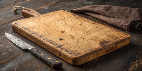 Rustic Wooden Cutting Board with Paring Knife Dark Wood Background, Scratched Surface, Culinary Concept, Cutting Board, Paring Knife