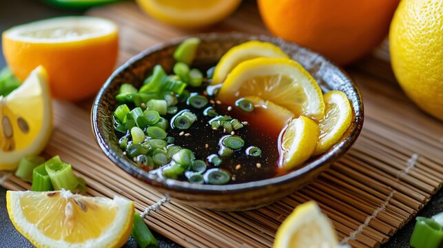 A small dish of ponzu sauce garnished with thinly sliced green onions and lemon wedges, surrounded by fresh citrus fruits and soy sauce ingredients on a bamboo mat.