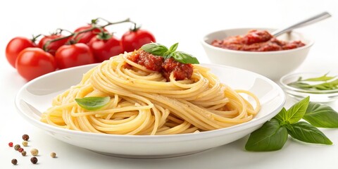 Spaghetti with Tomato Sauce and Basil Close-up Food Photography, Italian Cuisine, Pasta Dish, Recipe, Delicious Italian Food, Pasta Recipe