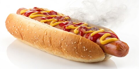 Steaming Hot Dog with Mustard and Ketchup Close-up Composition, Food Photography, Delicious Concept, Hot Dog, Food Photography Hot Dog, Fast Food