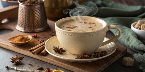 Steaming Spiced Latte Close-up Composition, Warm Tones, Aromatic Beverage, Cinnamon, Star Anise, Coffee, Cozy Spiced Latte