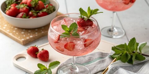 Strawberry Mint Gin Fizz Close-up Photography of Refreshing Cocktail, Gin, Strawberry, Mint ,cocktail recipe,summer drink