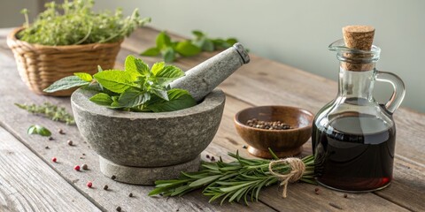 Stone Mortar with Herbs and Balsamic Vinegar, Rustic Kitchen Still Life, Cooking Photography culinary photography, herb recipe