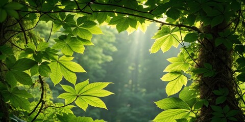 Sunlit Canopy Lush Green Leaves Frame Sunbeams, Nature Photography, Forest, Sunlight, Botanical Nature photography, forest scene
