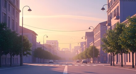 Fototapeta premium Pixelated street scene at sunrise with buildings trees and cars evoking a sense of tranquility and digital artistry. The city landscape captures a peaceful early morning vibe.