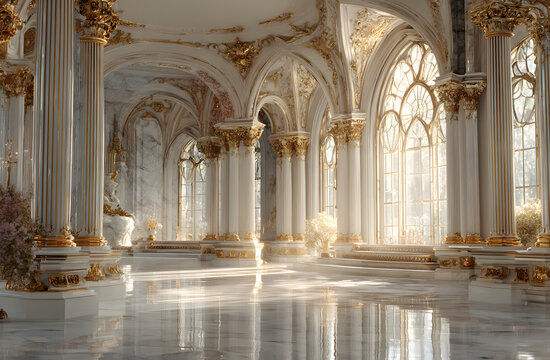 Elegant palace interior hall with columns, large arched window. Sunbeams shine through. Classical architecture, gold, marble floor. Luxurious royal living room, fantasy castle church interior.