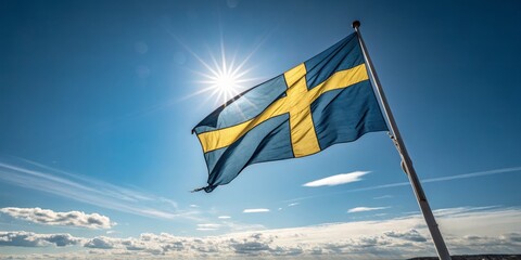 Swedish Flag Waving in Sunlight Blue, Yellow Cross, Sunny Sky,Patriotic Image, Sweden, Flag Sweden, National Symbol