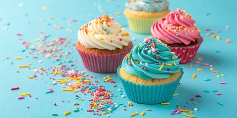 Three Colorful Cupcakes with Sprinkles on Blue Background, Close-up Shot, Party Treats, Festive Dessert Cupcakes, Sprinkles