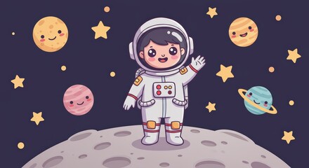 Adorable Astronaut Kid on the Moon Cute Space Illustration