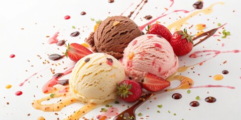 Triple Scoop Ice Cream Delight Chocolate, Strawberry, Vanilla with Sauces and Berries, Dessert Photography, Food Styling Ice Cream, Dessert
