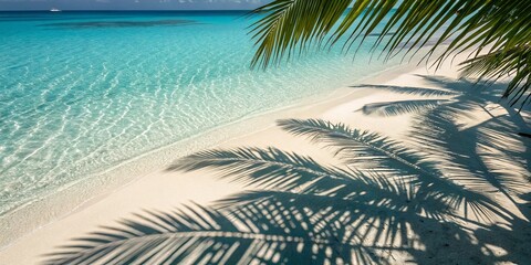Tropical Beach Scene Palm Shadow on White Sand and Turquoise Water, Aerial View, Summer Vacation Tropical beach, summer vacation
