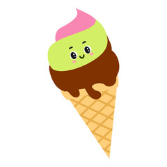 Cute kawaii ice cream with smiling face – cartoon dessert vector illustration for kids