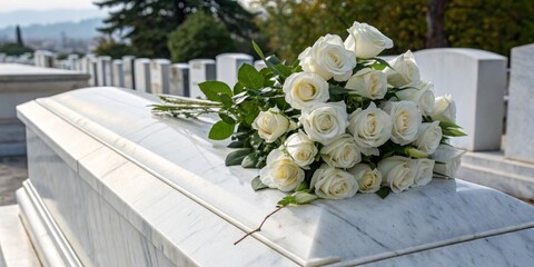 White Roses on Marble Tombstone Cemetery Grief,Floral Arrangement,Still Life Photography,White Roses,Marble,Tombstone,Cemetery