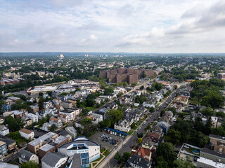 Aerial drone view of Irvington NJ urban neighborhood, streets, and buildings