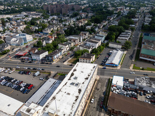 Aerial drone view of Irvington NJ urban neighborhood, streets, and buildings