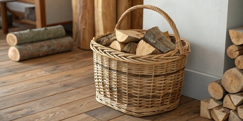 Wicker Basket of Firewood Rustic Log Storage Composition, Wooden Floor, Cozy Fireplace Decor, Natural Light firewood, wicker basket
