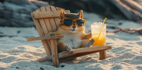 At a seaside resort, a chipmunk is taking time off during the summer to relax on the beach