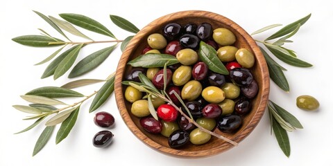 Wooden Bowl of Assorted Olives with Olive Branches, Top View, Still Life Photography, Food Photography, Mediterranean Cuisine Olives, Mediterranean food