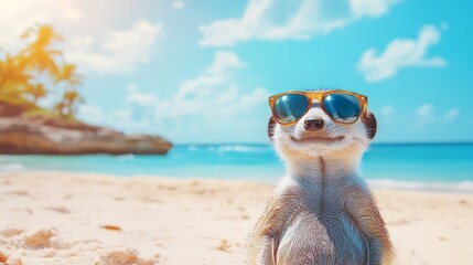 Obraz premium The idea of a meerkat with glasses sunbathing on the beach is a concept that symbolizes vacation enjoyment