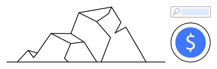 Geometric mountain formation, minimal search bar, blue circle with dollar sign. Ideal for finance, search solutions, innovation, exploration, wealth management, business growth simple landing page