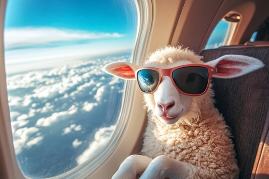 The concept of summer time fun is depicted in a travel image of cute sheep sunbathing at the beach with sunglasses