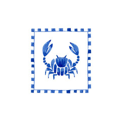 Watercolor tile illustration with crab in frame, perfect for nautical designs hand painted © Lana