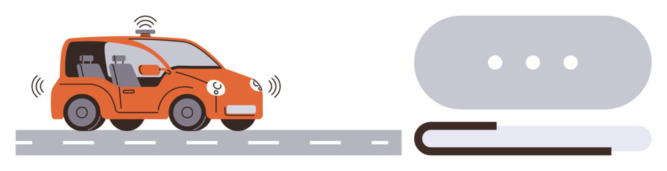 Compact driverless car on a roadway with active sensors and communication icons, depicting future mobility. Ideal for transportation, innovation, AI, automation, technology, mobility, and sustainable