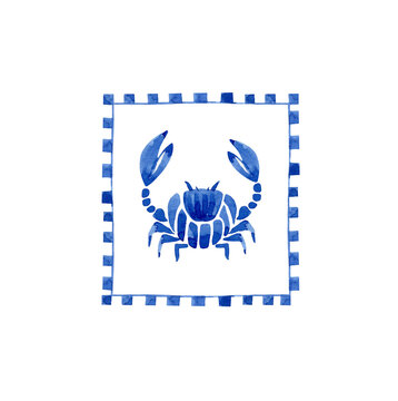 Watercolor tile illustration with crab in frame, perfect for nautical designs hand painted