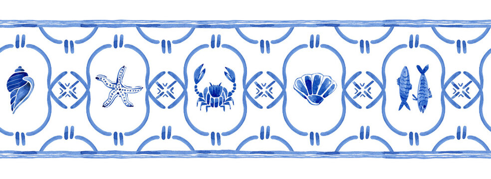 Watercolor seamless border hand painted with sea life elements (shells, crabs, fish, starfish), fashion pattern