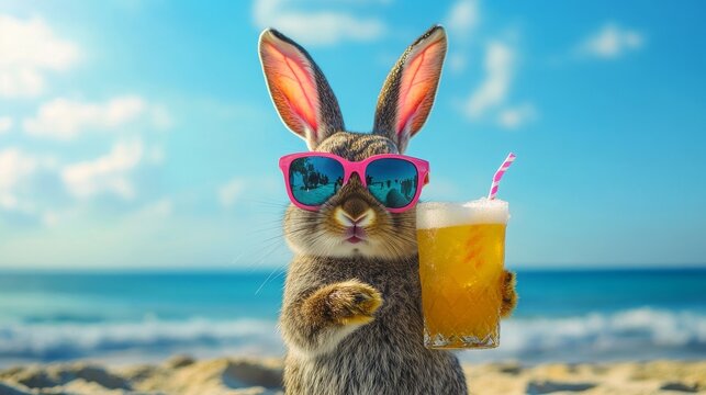 Sipping a tropical juice on the beach is a rabbit clad in sunglasses