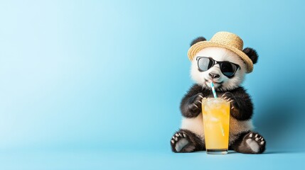 The idea of a beach holiday is exemplified by a cute panda in a summer hat set against an isolated backdrop