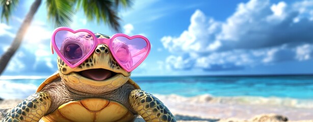 In a 3D rendering, a lovestruck turtle dons heart sunglasses and basks in the warm sun on a picturesque island, accompanied by a gently swaying palm tree, epitomizing the joy of summertime bliss