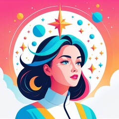 vector illustration of the girl, stars, sun and stars in sky.