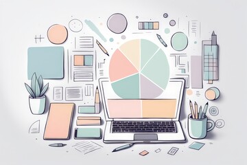 creative flat lay composition with laptop, smartphone, tablet, notebook and coffee cup on white background. business, finance, social marketing online concept