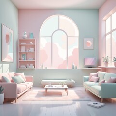 empty interior with sofa and table. living room window, sofa, coffee, books, coffee cup. modern home, contemporary style
