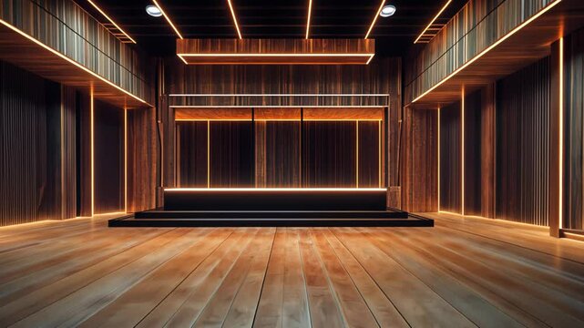Wood paneled room with geometric LED lighting and black platform, planks on floor