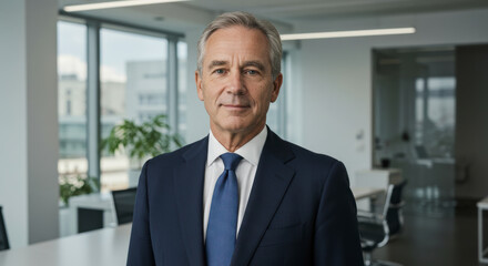 Fototapeta premium Confident and composed, an office manager in his 50s wears a blue suit and tie, portraying professional elegance, seniority, and a strong executive presence in today’s workplace culture.