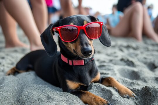 In the background of a serene beach scene, people enjoy the sun and sea on a beautiful summer day while an adorable dog relaxes in sunglasses - Powered by Adobe