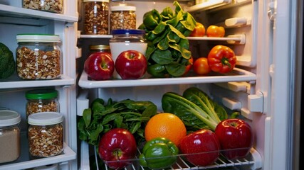 Fresh fruits and vegetables organized in a refrigerator for healthy meal preparation at home