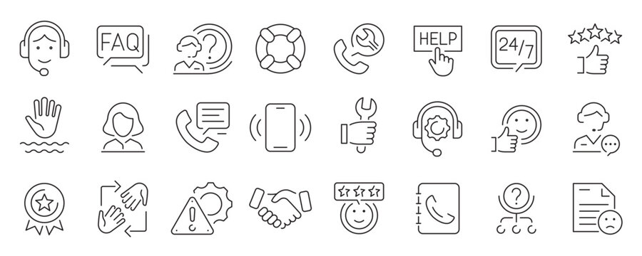 Customer Service and Support icons. Customer service icon set. Support icon set. Online Help, Helpdesk, Feedback, Quick, Operator and Technical support, Response and more. Vector illustration