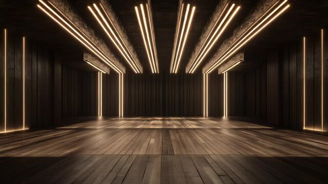 Wooden interior features illuminated panels on the walls, floor, and ceiling