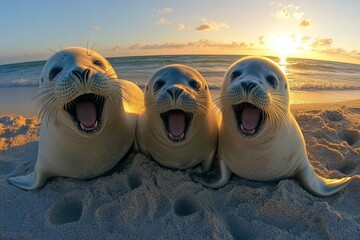 Obraz premium On the beach at Grenen in Denmark, an early morning scene shows three resting Harbour seals, known as Phoca vitulina