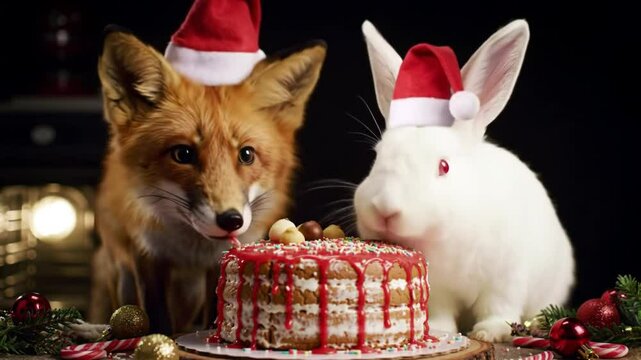 Fox and bunny in Christmas hats preparing for a birthday cake celebration
