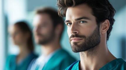 Fototapeta premium Confident male surgeon posing confidently, surgical team standing behind him in modern hospital operating room, highlighting medical male surgeon